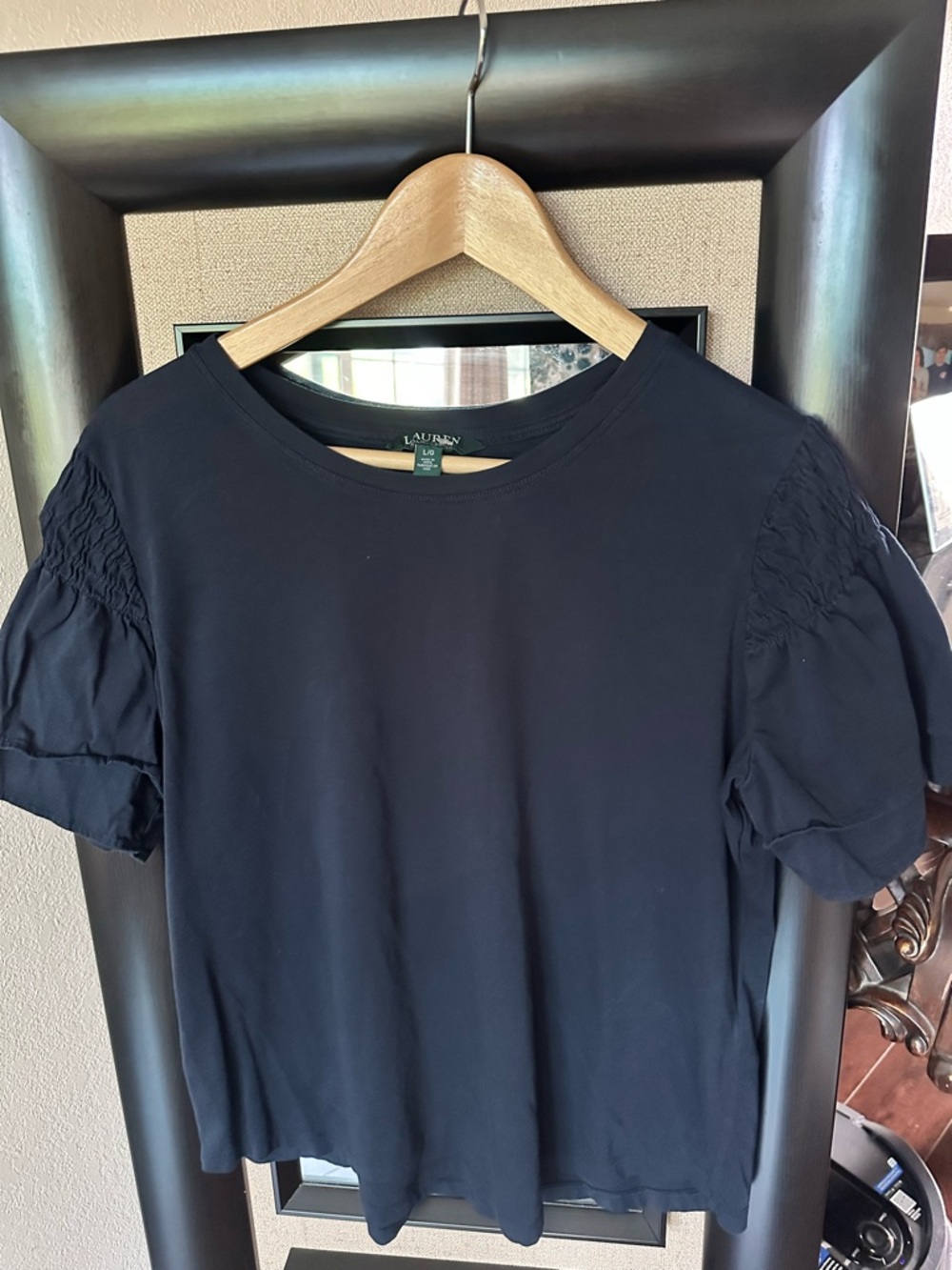 Lauren Ralph Lauren Navy Short-Sleeve Top with Shirred Puff Sleeves - Picture 2 of 7